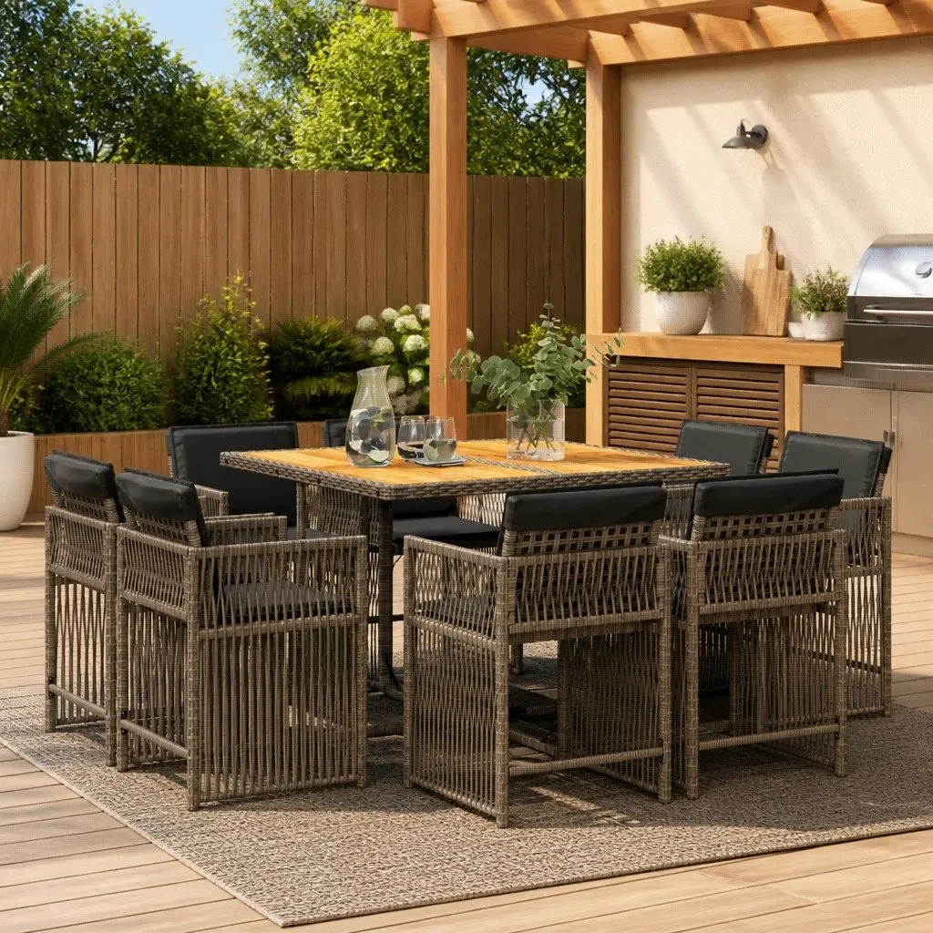 Garden Dining Set 9 Piece Outdoor Furniture Grey Poly Rattan Chairs Table Patio