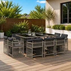 Outdoor Dining Set: 11 Pieces, Grey PE Rattan, Tempered Glass