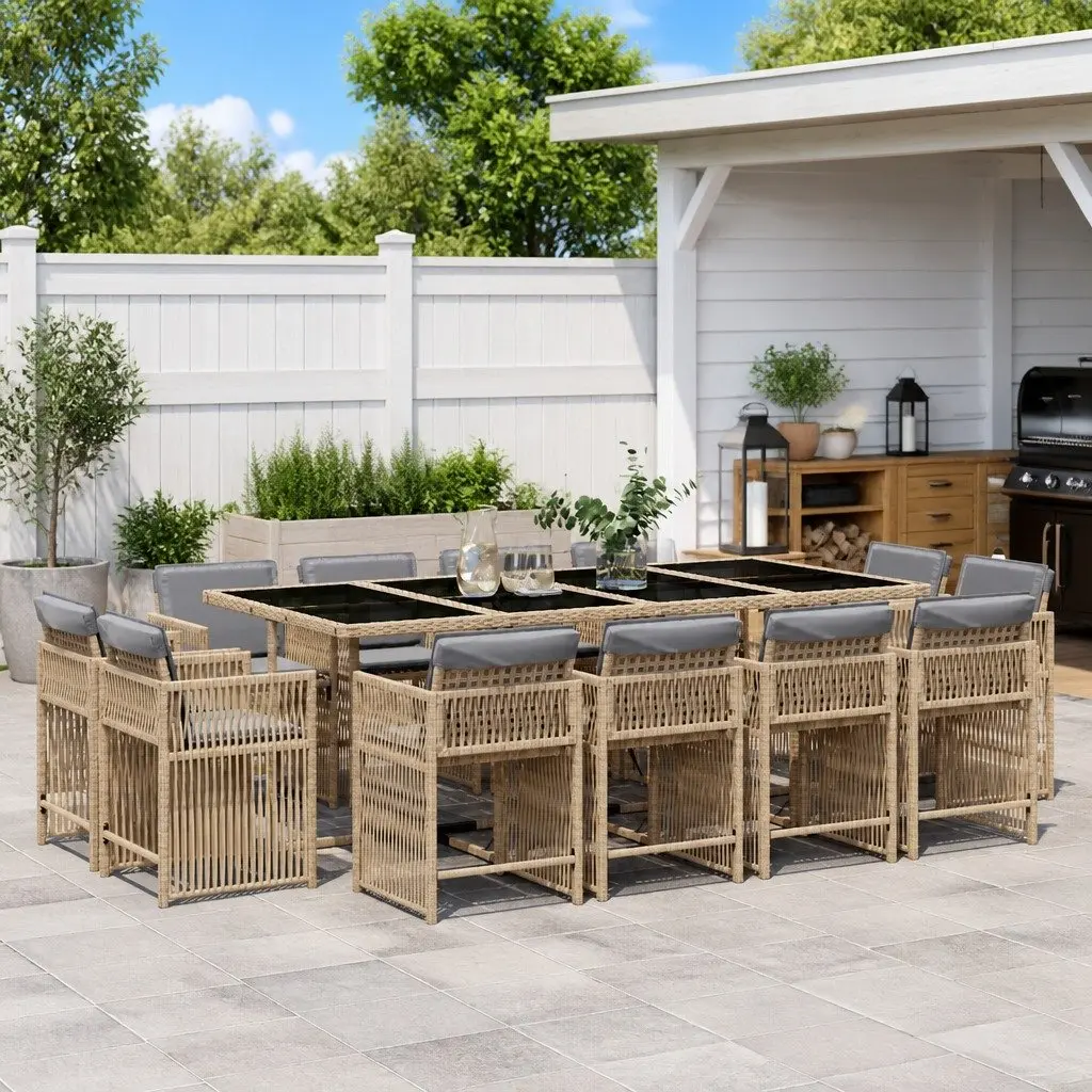 Beige Outdoor Patio Furniture Set 13 Piece Poly Rattan Garden Dining Set with Foldable Chairs and Tempered Glass Tabletop