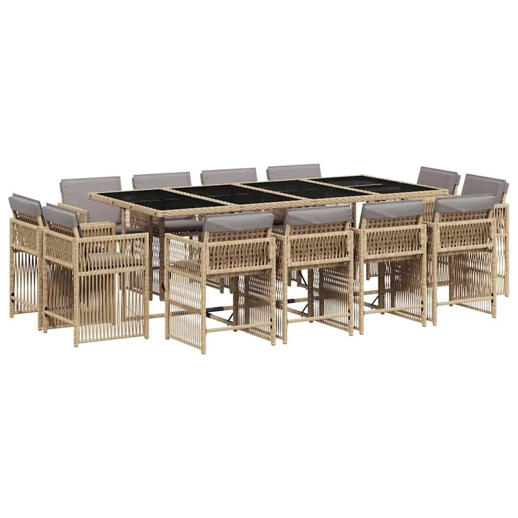 Beige Outdoor Patio Furniture Set 13 Piece Poly Rattan Garden Dining Set with Foldable Chairs and Tempered Glass Tabletop