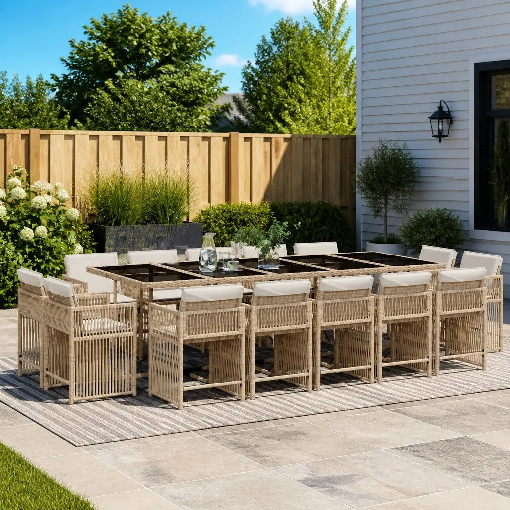 Outdoor Garden Dining Set 15 Piece Patio Furniture Cushions Beige Poly