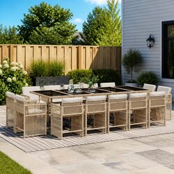 15-Piece Patio Dining Set - Beige Poly Rattan, Cushions Included