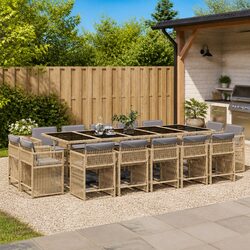 Garden Dining Set: 15-Piece, Beige Cushions, PE Rattan
