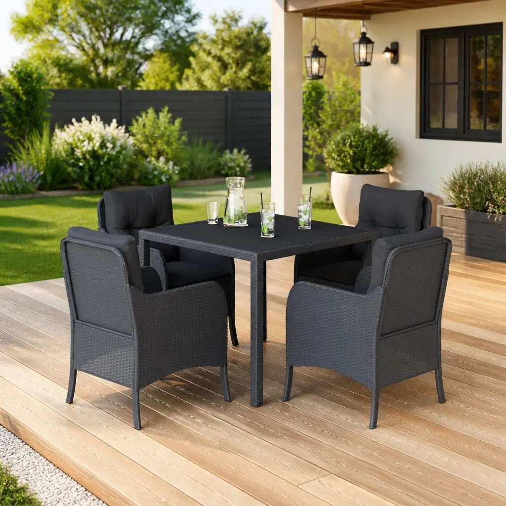 Outdoor Dining Set Garden 5 Piece Black Poly Rattan with Cushions