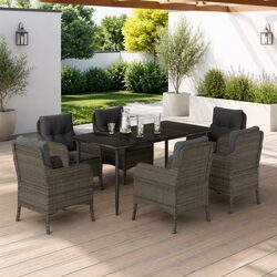 7 Piece Outdoor Dining Set Grey Poly Rattan Cushions Patio Garden Furniture