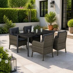 5 Piece Garden Dining Set: Grey PE Rattan & Glass Top