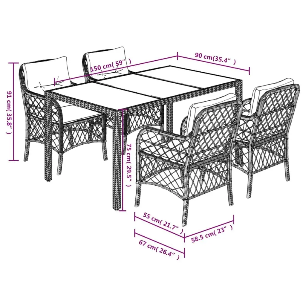 Garden Dining Set 5 Piece Outdoor Furniture Table Chairs Cushions Grey Rattan