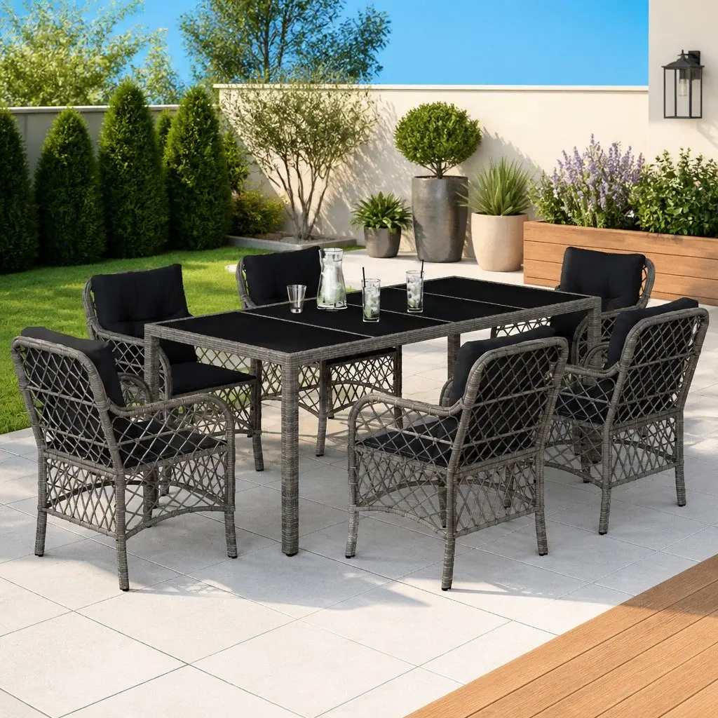 7-Piece Garden Patio Dining Set Grey Poly Rattan