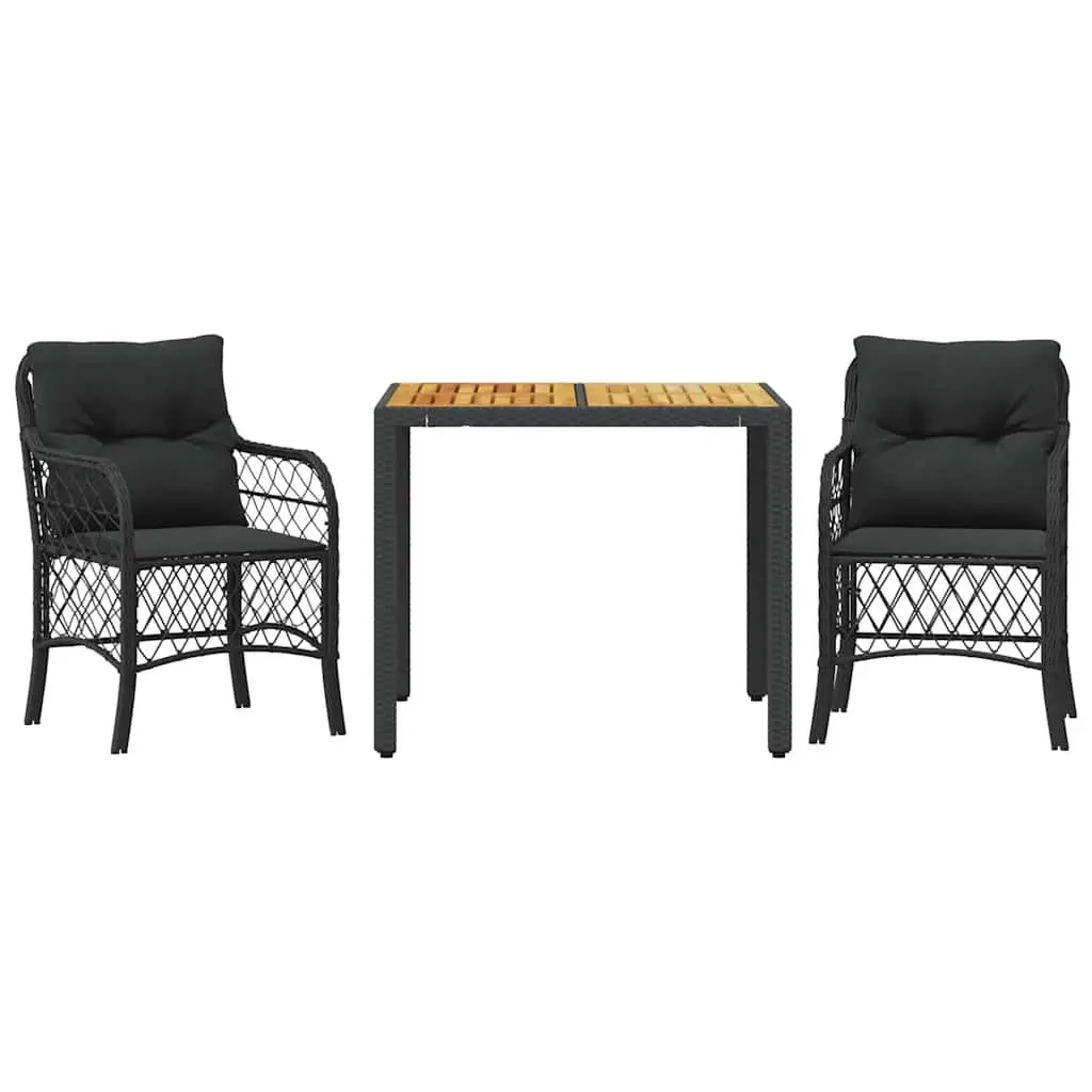 Outdoor Bistro Set 3 Piece Garden Patio Furniture Black Poly Rattan with Cushions