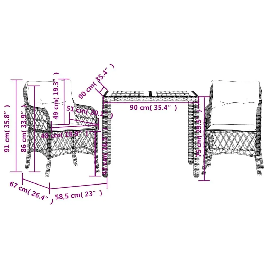 Outdoor Bistro Set 3 Piece Garden Patio Furniture Black Poly Rattan with Cushions