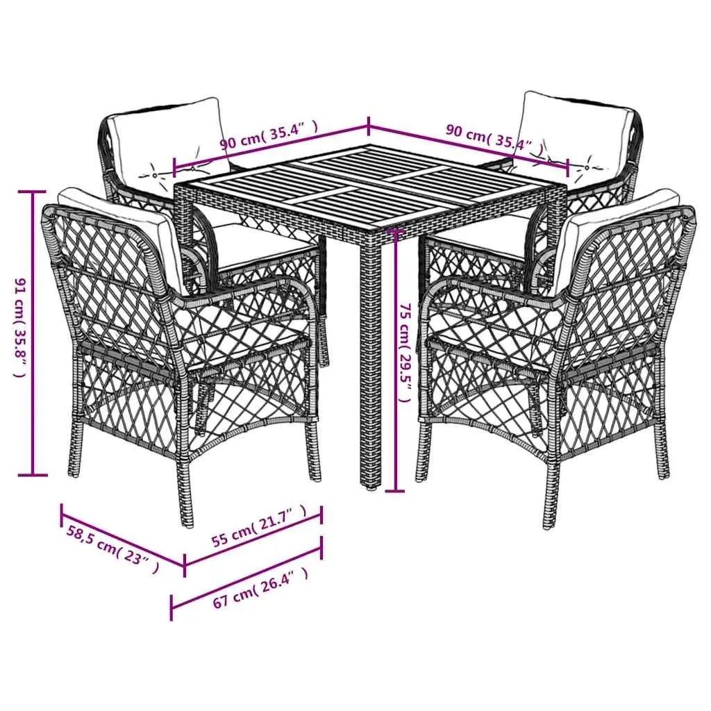 Outdoor Dining Set 5 Piece Patio Garden Furniture Black Poly Rattan with Cushions