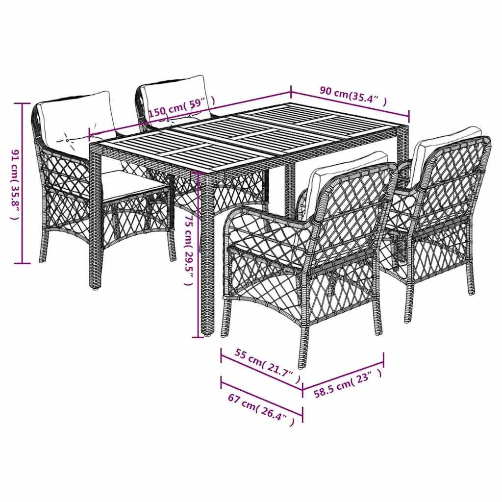 5 Piece Garden Dining Set Outdoor Black Poly Rattan Table and Chairs