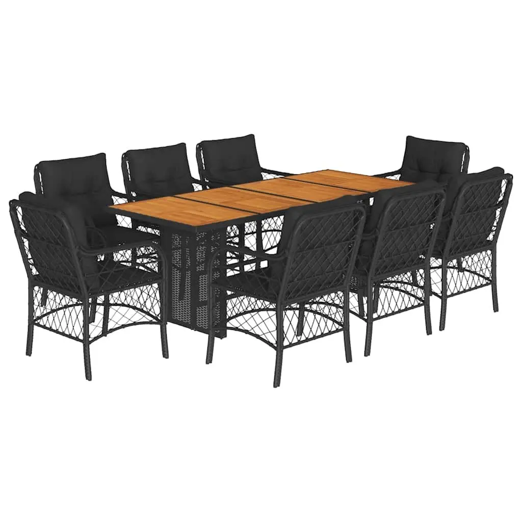 Outdoor Garden Dining Set 9 Piece Black Poly Rattan Furniture with Cushions