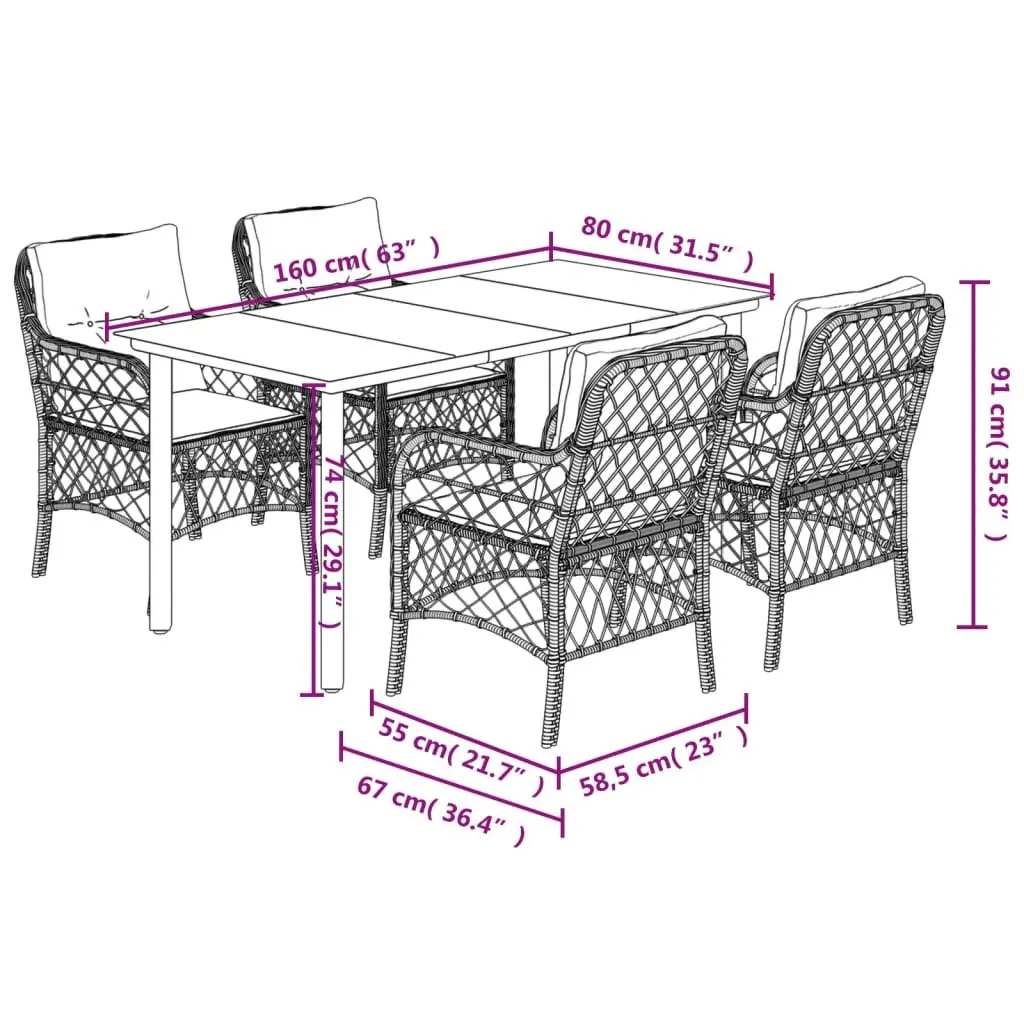 Garden Dining Set 5 Piece Outdoor Furniture Black Poly Rattan with Cushions