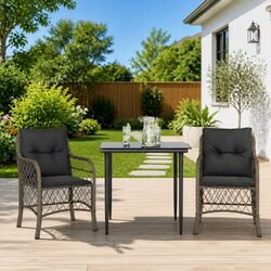 3 Piece Bistro Set Grey Poly Rattan Outdoor Garden Patio Furniture with Cushions
