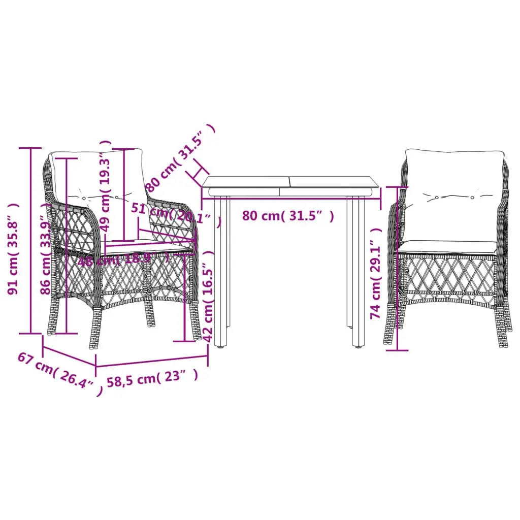 Outdoor Bistro Set 3 Piece Garden Patio Furniture Grey Poly Rattan with Cushions
