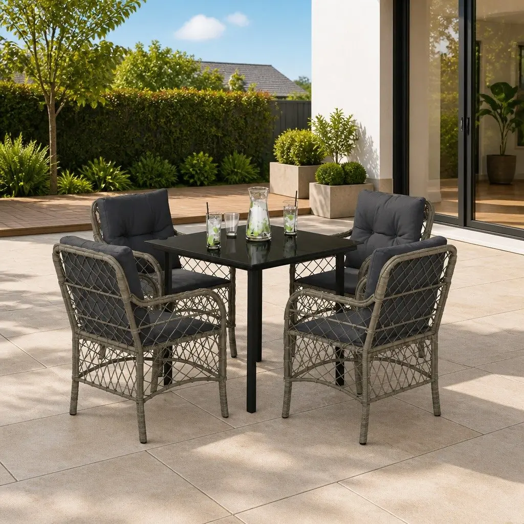 5 Piece Outdoor Garden Dining Set for Patio Grey Poly Rattan Furniture