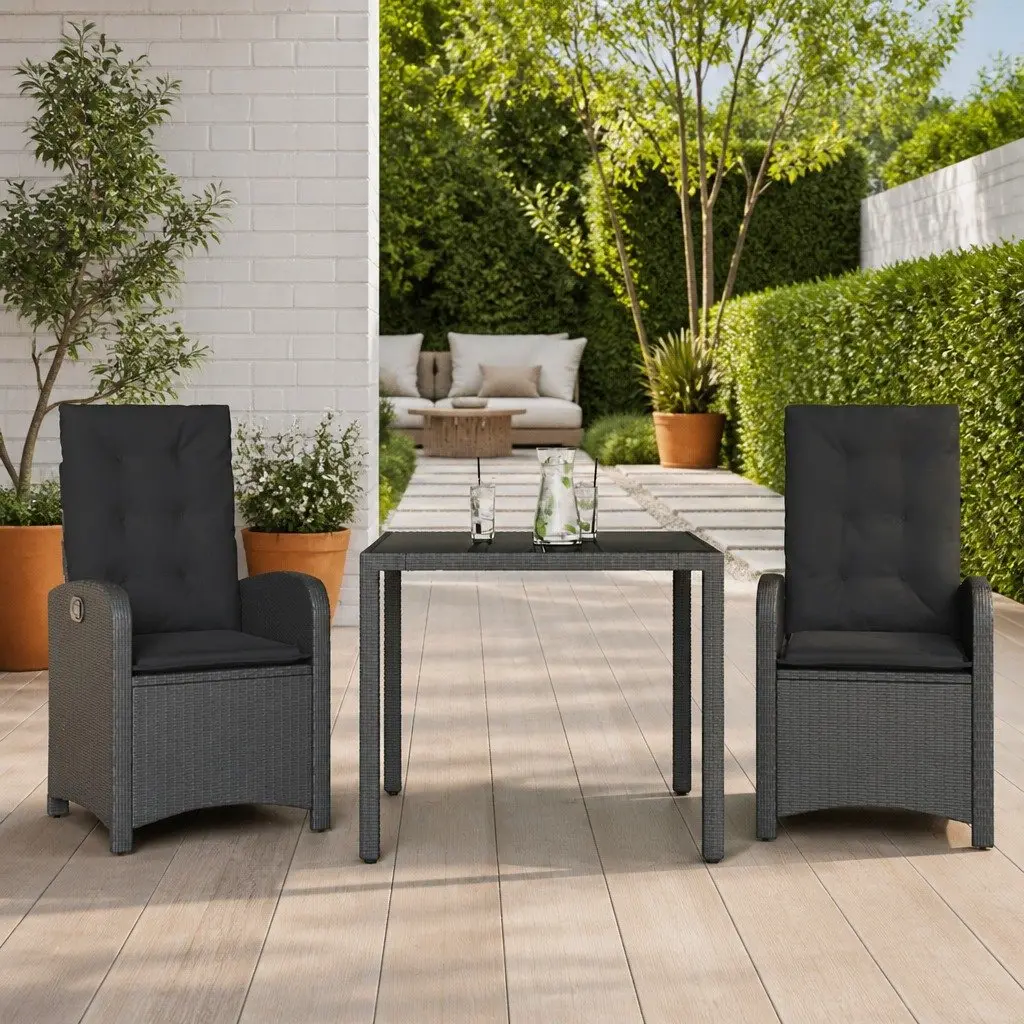3 Piece Garden Dining Set Outdoor Use Black PE Rattan with Cushions