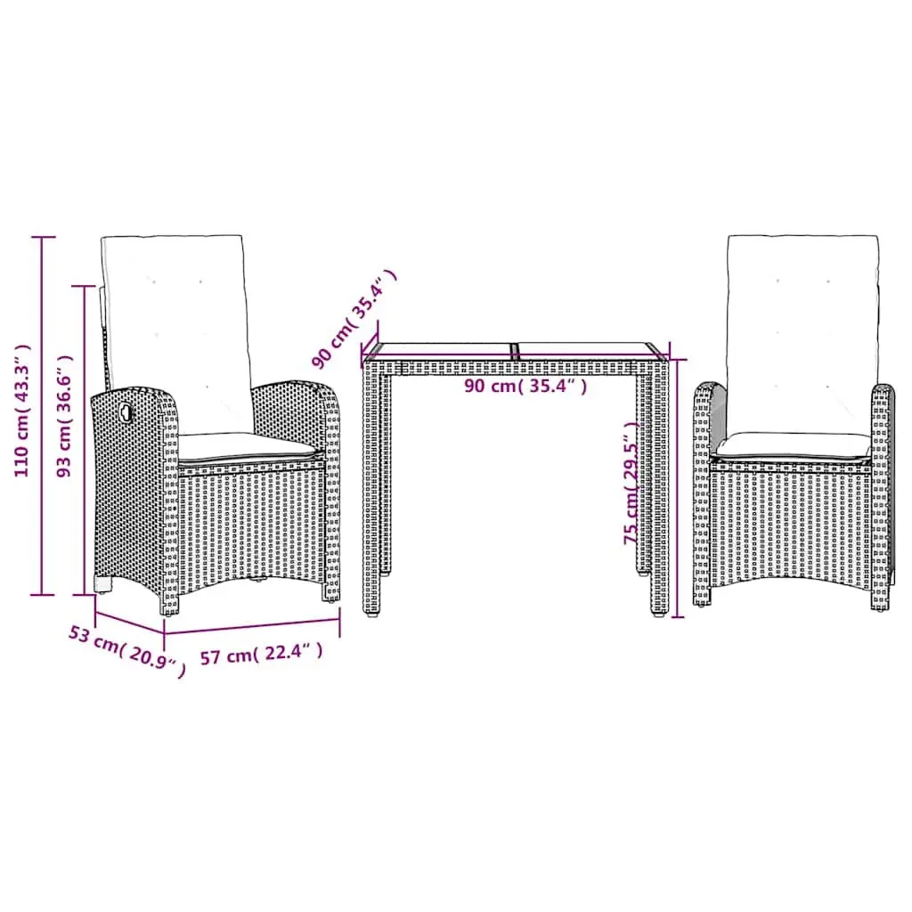 3 Piece Garden Dining Set Outdoor Use Black PE Rattan with Cushions