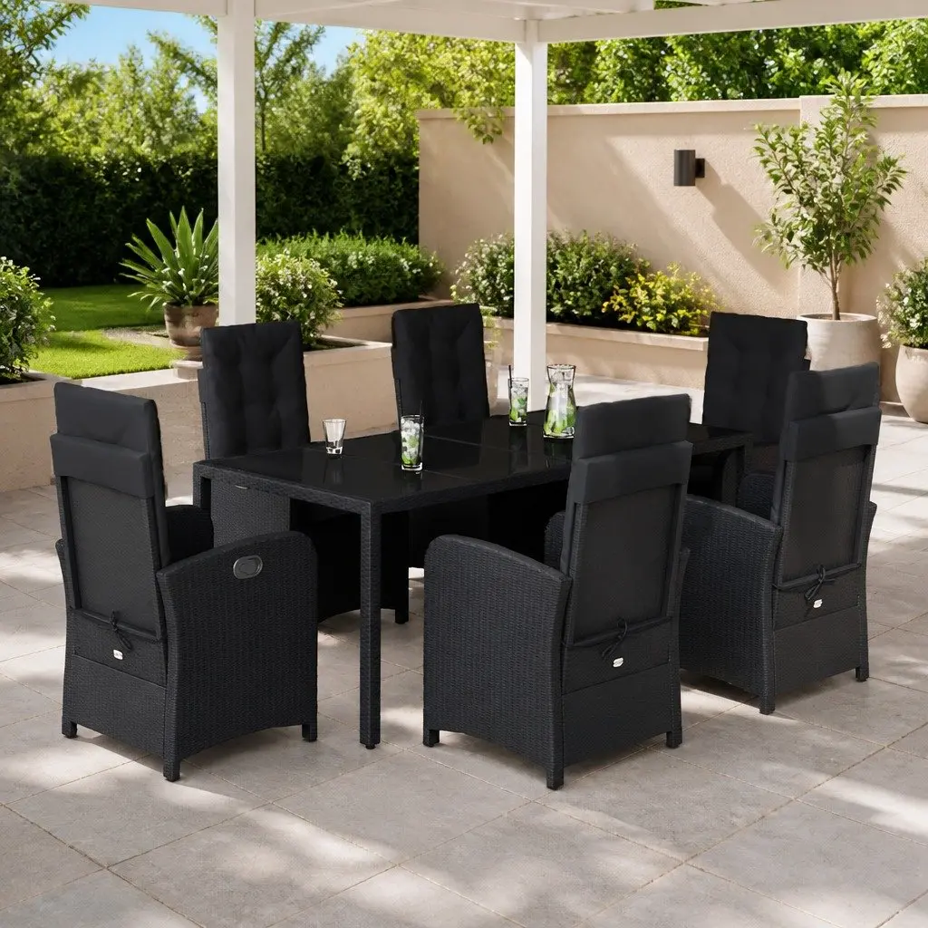 7 Piece Garden Dining Set Outdoor Use Black Poly Rattan