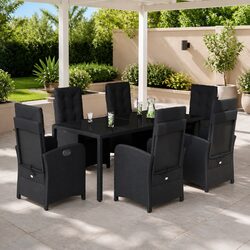 7 Piece Outdoor Dining Set - Black Poly Rattan, Cushions Included