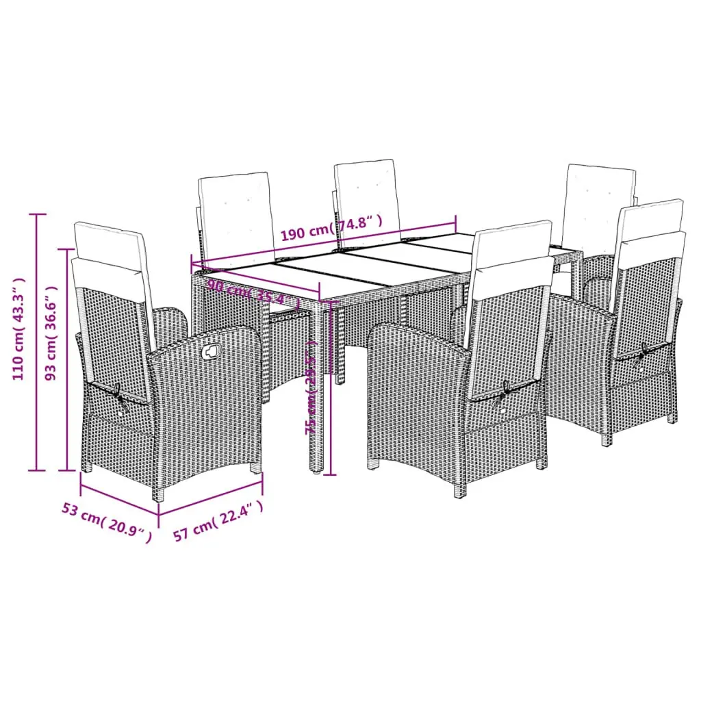 Garden Dining Set Outdoor Use 7 Piece Grey Poly Rattan Cushions
