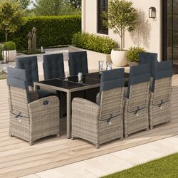 Garden Dining Set - 9 Piece Grey Furniture with Cushions