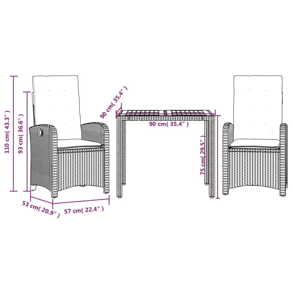 3 Piece Outdoor Dining Set for Garden Patio Black Poly Rattan Furniture Table Chairs