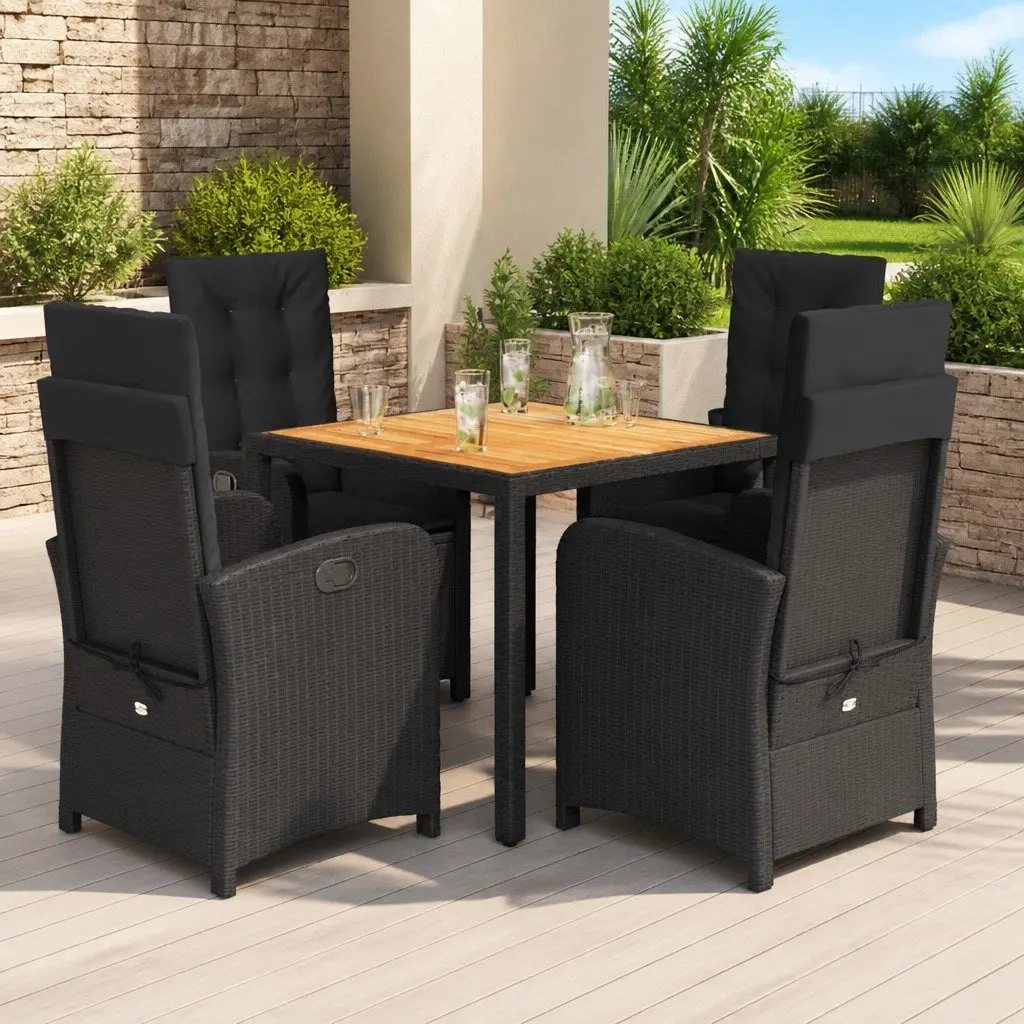 5 Piece Outdoor Dining Set Black Poly Rattan Patio Furniture with Cushions
