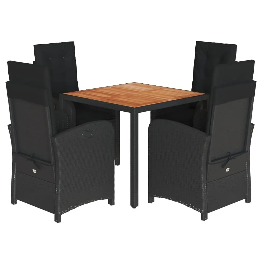 5 Piece Outdoor Dining Set Black Poly Rattan Patio Furniture with Cushions