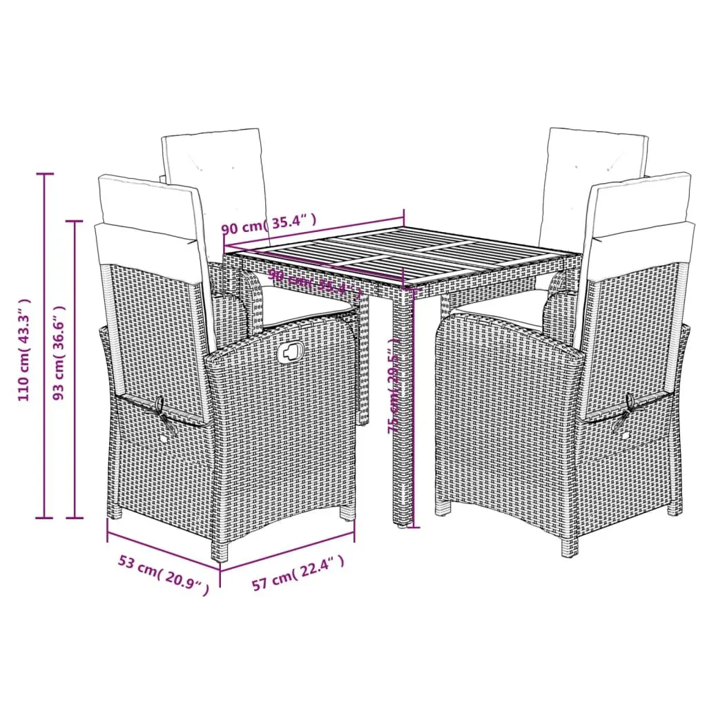 5 Piece Outdoor Dining Set Black Poly Rattan Patio Furniture with Cushions