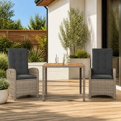 Garden Dining Set 3 Piece Outdoor Furniture Grey Poly Rattan Adjustable Backrest