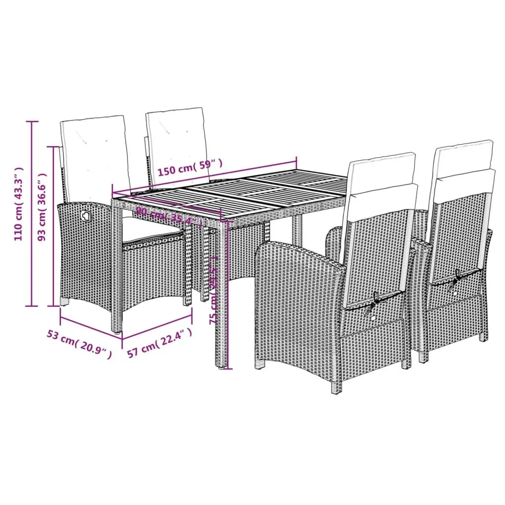 Garden Dining Set 5 Piece Outdoor Furniture Grey Poly Rattan Cushions Table