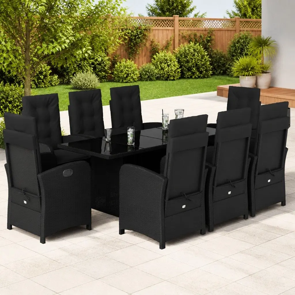 Outdoor Dining Set 9 Piece Garden Furniture Black Poly Rattan Table Chairs