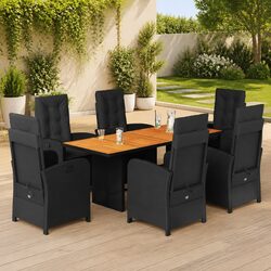 7 Piece Outdoor Garden Dining Set Black Poly Rattan Chairs Table Patio Furniture