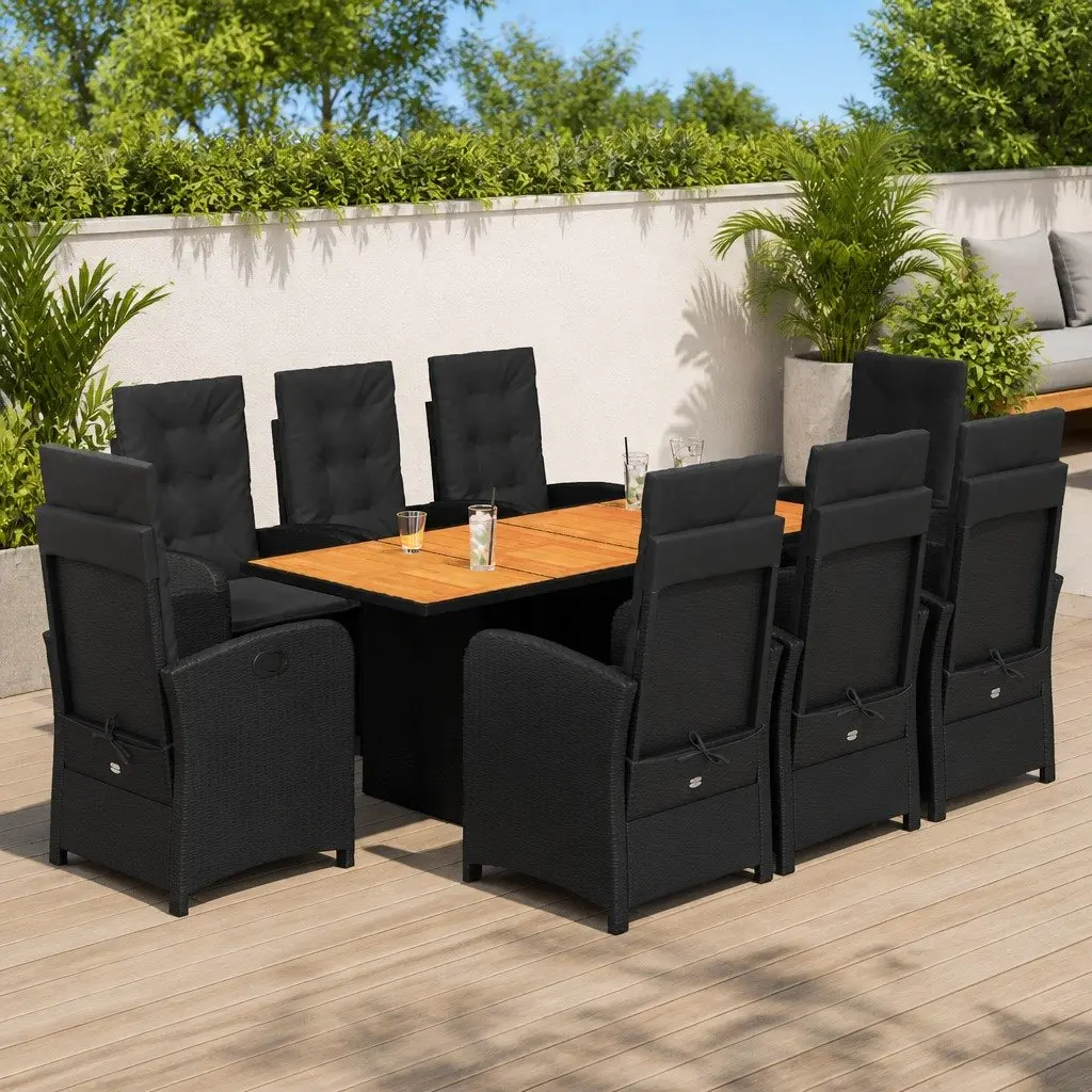 9 Piece Outdoor Garden Dining Set Patio Use Black Poly Rattan Chairs Table with Cushions