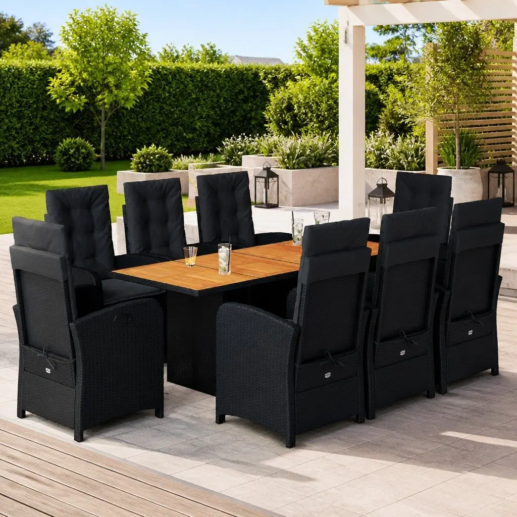9-Piece Black Poly Rattan Dining Set with Acacia Top