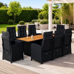 9-Piece Black Poly Rattan Dining Set with Acacia Top