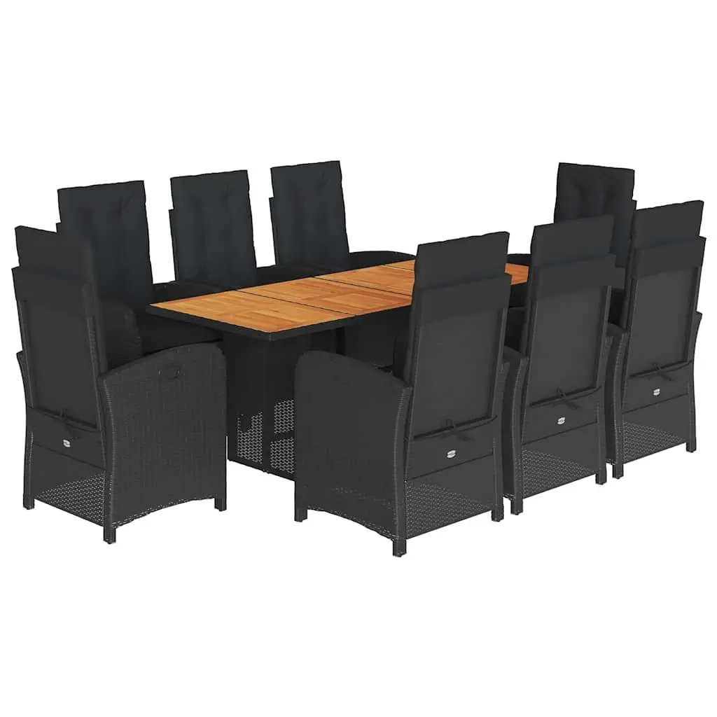 9-Piece Black Poly Rattan Dining Set with Acacia Top