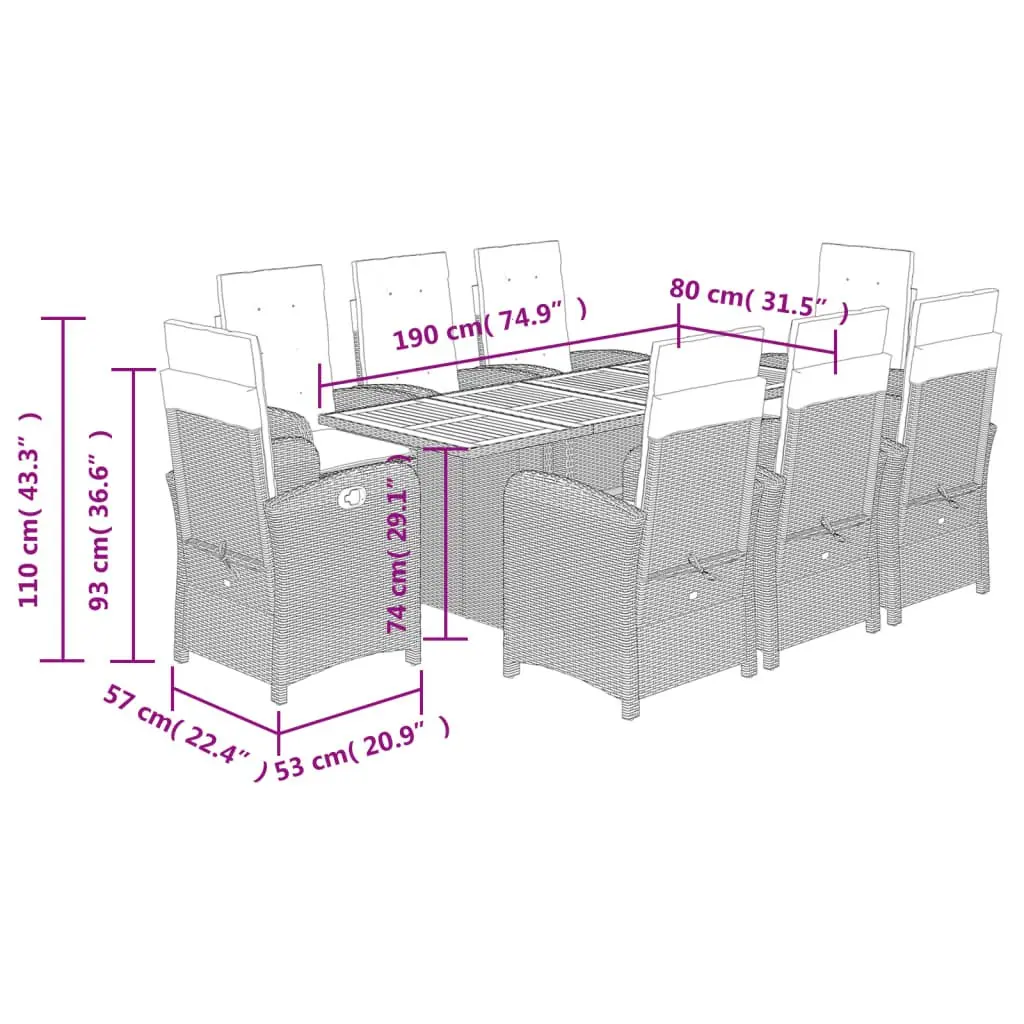 9-Piece Black Poly Rattan Dining Set with Acacia Top