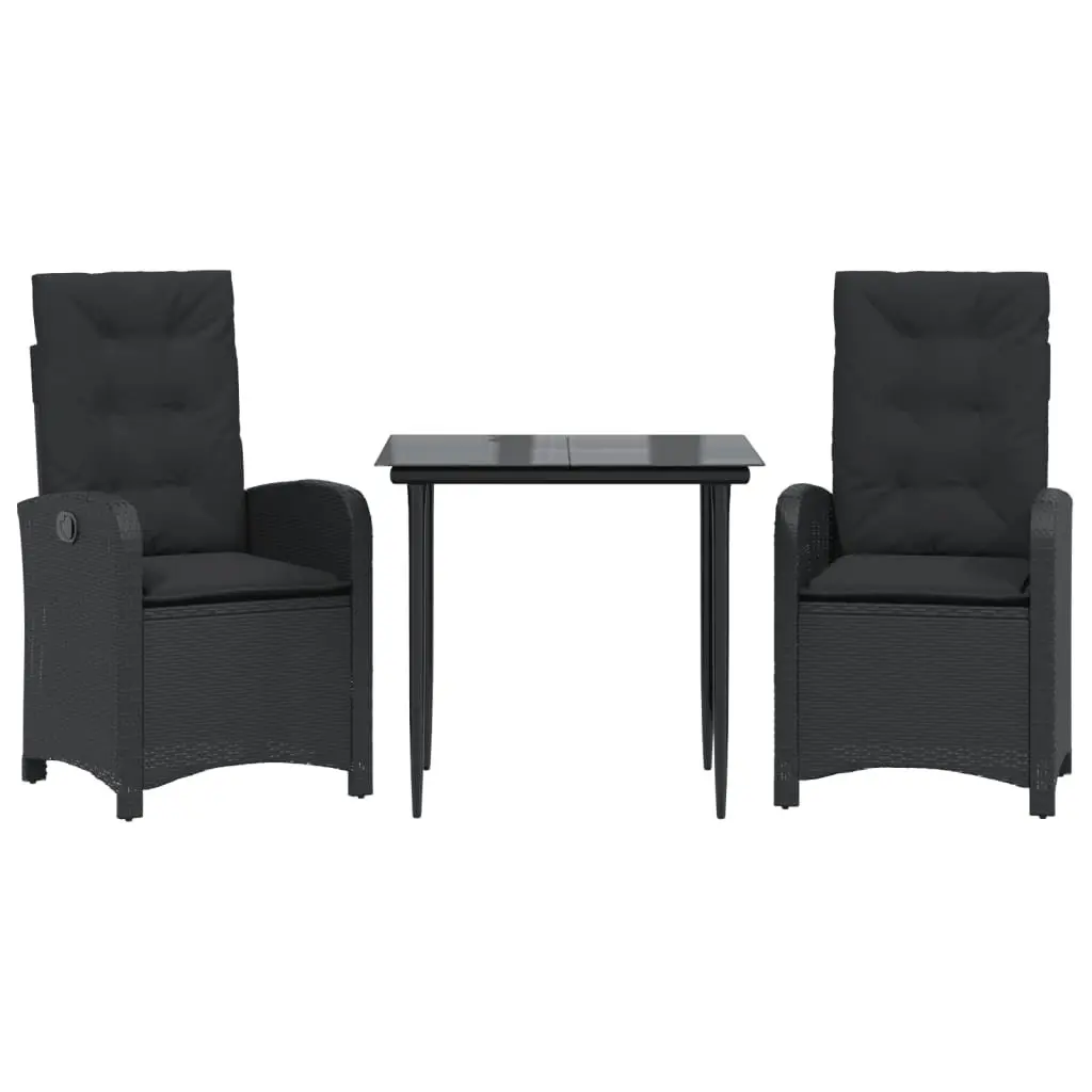 Garden Dining Set Outdoor Use 3 Piece Black Poly Rattan with Cushions Glass Table