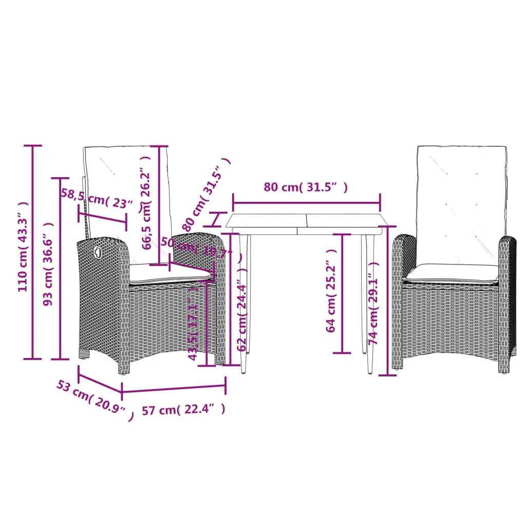 Garden Dining Set Outdoor Use 3 Piece Black Poly Rattan with Cushions Glass Table