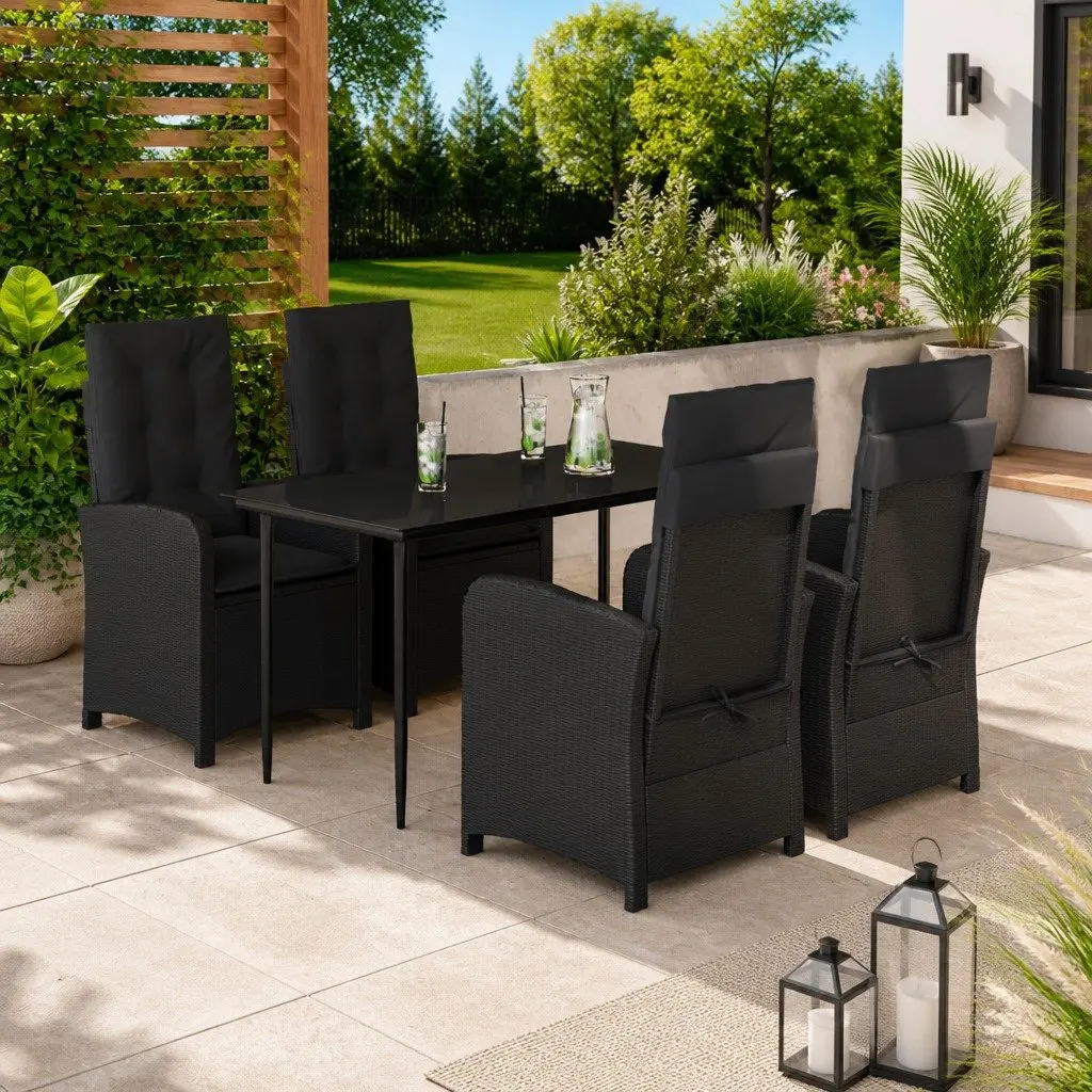 Garden Dining Set Outdoor Furniture 5 Piece Black Poly Rattan Table Chairs