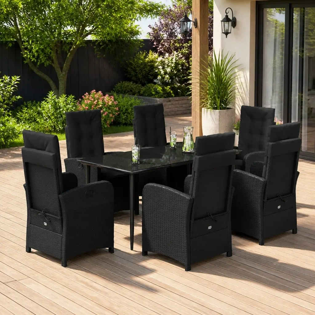 7 Piece Outdoor Dining Set Black Weather Resistant Poly Rattan Furniture with Cushions for Garden Patio Backyard