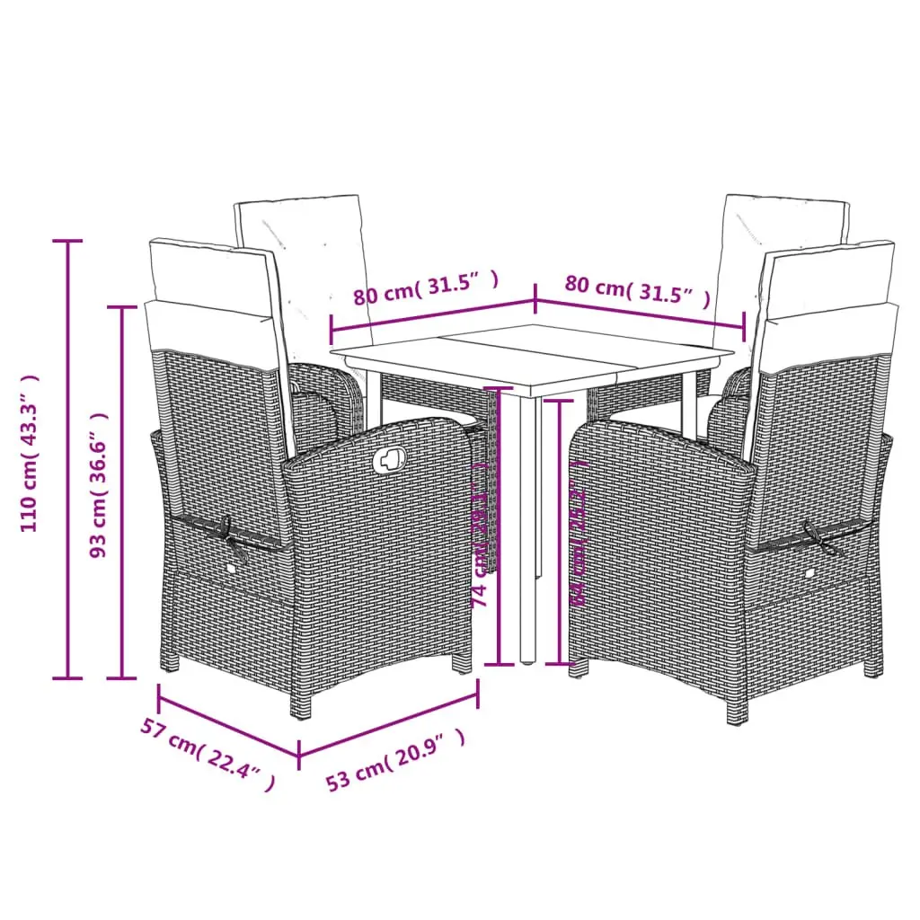 Garden Dining Set 5 Piece Outdoor Furniture Black PE Rattan Adjustable Backrest