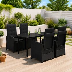 Garden Dining Set - 5 Piece Black Poly Rattan with Glass Top
