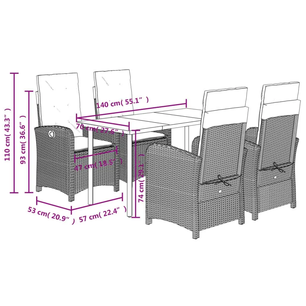 Garden Dining Set 5 Piece Outdoor Furniture Black Poly Rattan Adjustable Backrest