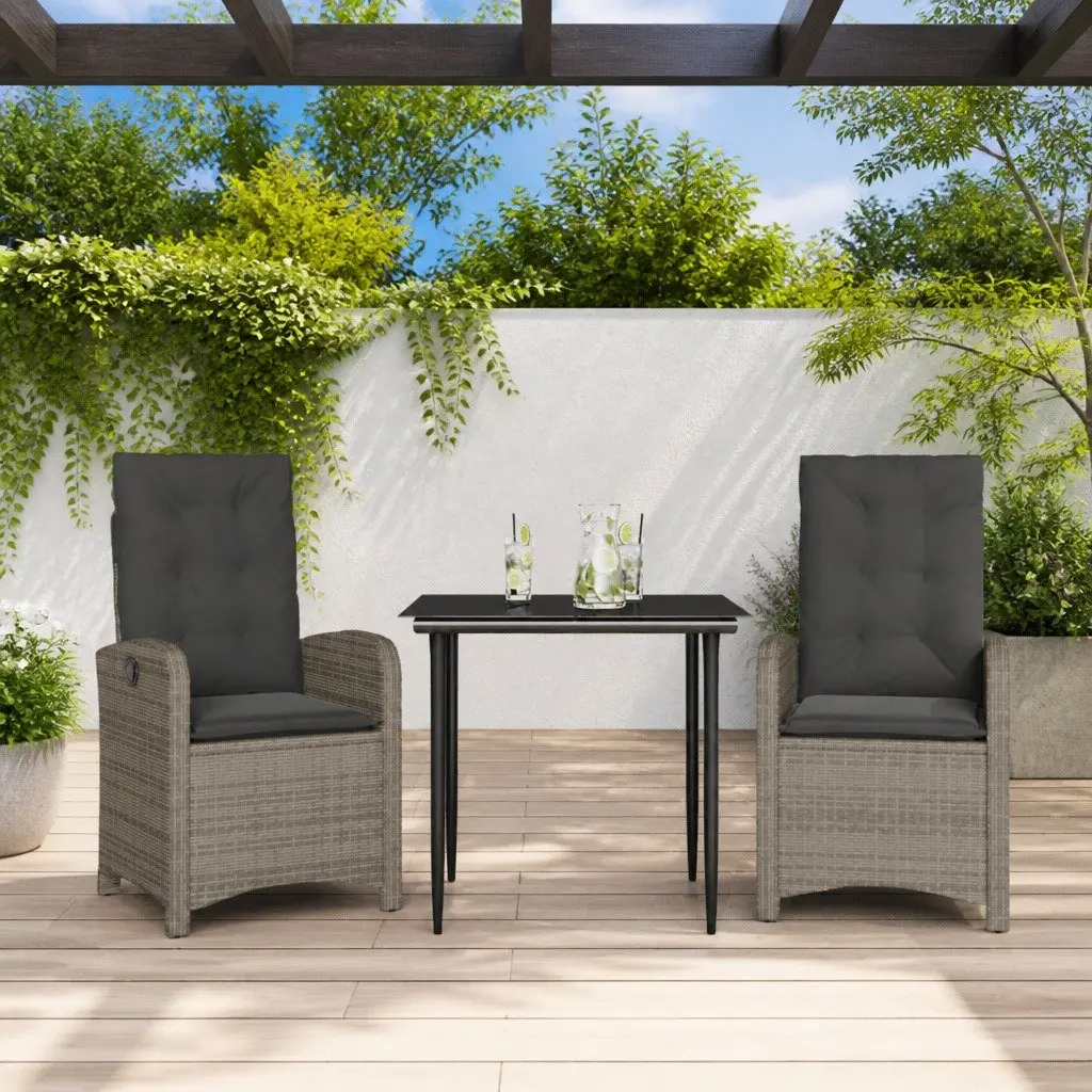 Garden Dining Set 3 Piece Outdoor Furniture Grey Poly Rattan Cushions Patio