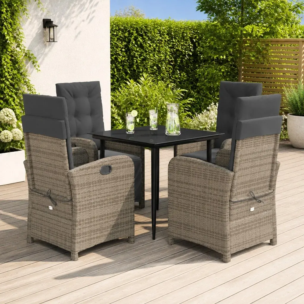 5 Piece Garden Dining Set Grey Outdoor Furniture with Adjustable Backrest and Padded Cushions