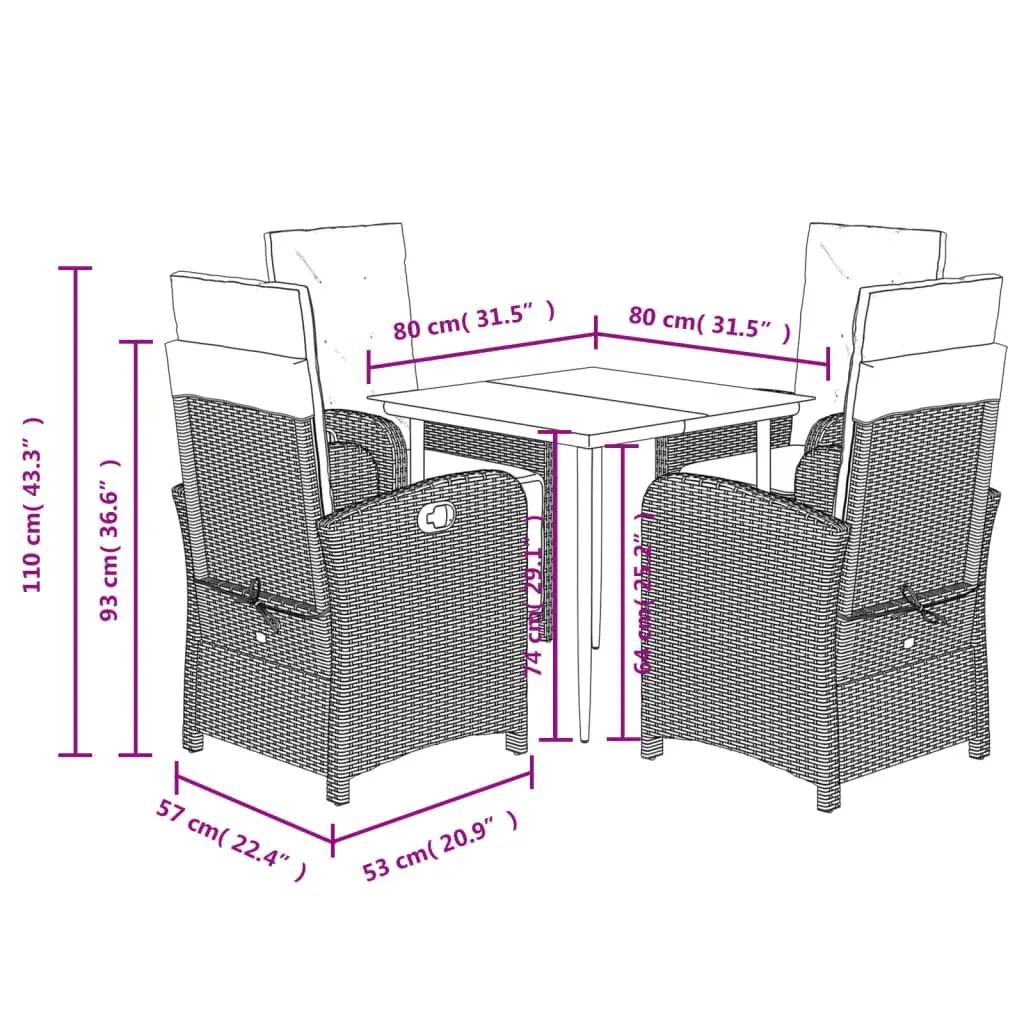 5 Piece Garden Dining Set Grey Outdoor Furniture with Adjustable Backrest and Padded Cushions